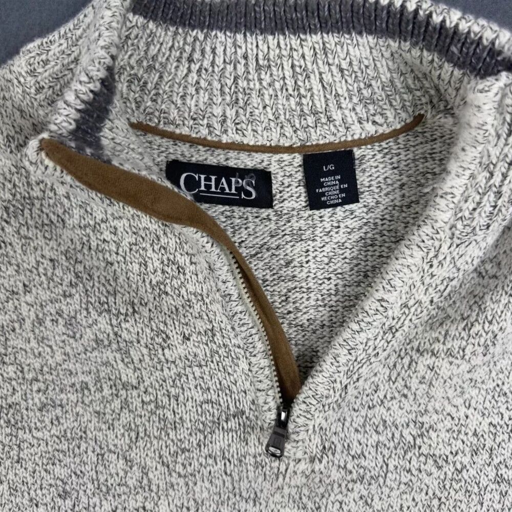 CHAPS Sweater Mens Large 1/4 Zip Pullover Ivory Beige Gray Outdoors Travel